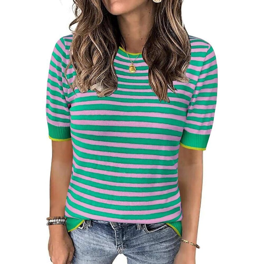 Women’s Striped Knit Top Summer Short Sleeve Crew Neck Casual Shirt Large